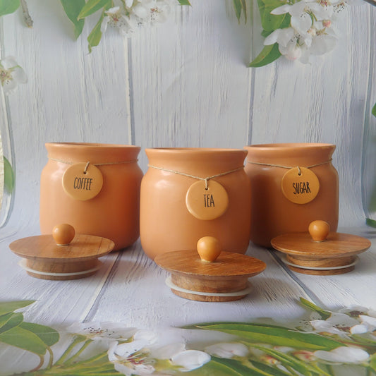 Brown Matka Solid Ceremic Tea Coffee Sugar Canisters 500ml