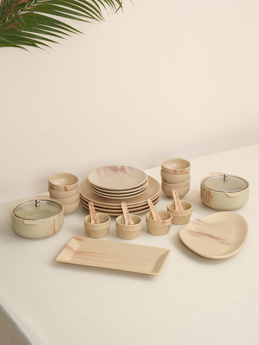 Brew Blossom Sweetness Hosting Dinner Set -Serving Platters, Serving Bowls with Glass Lids & Dessert Bowls for 4 People