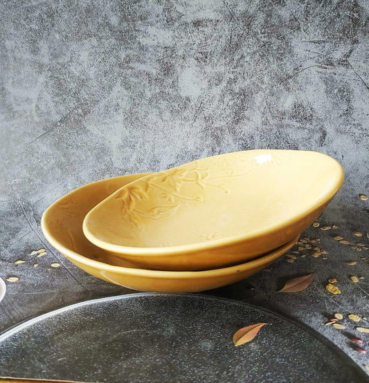 Grey Pottery Ceremic embossed  Yellow Round Pasta Bowl