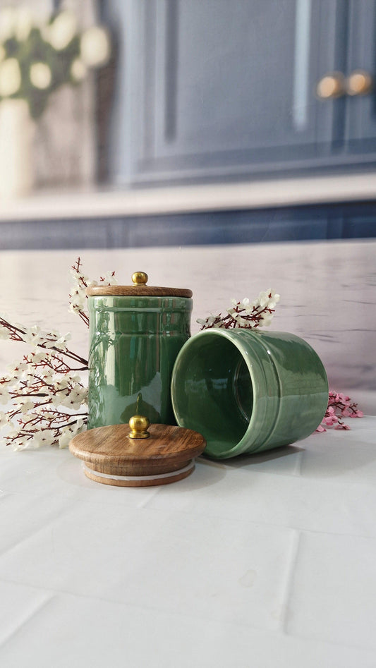 The Vintage Green Vibes Airtight lid (Set of 2, 1kg,1/2 kg) - Ceramic Container