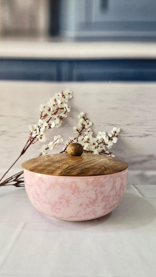Pink Blush Marble-Effect Ceramic airtight Bowl with Wooden lid 800ml