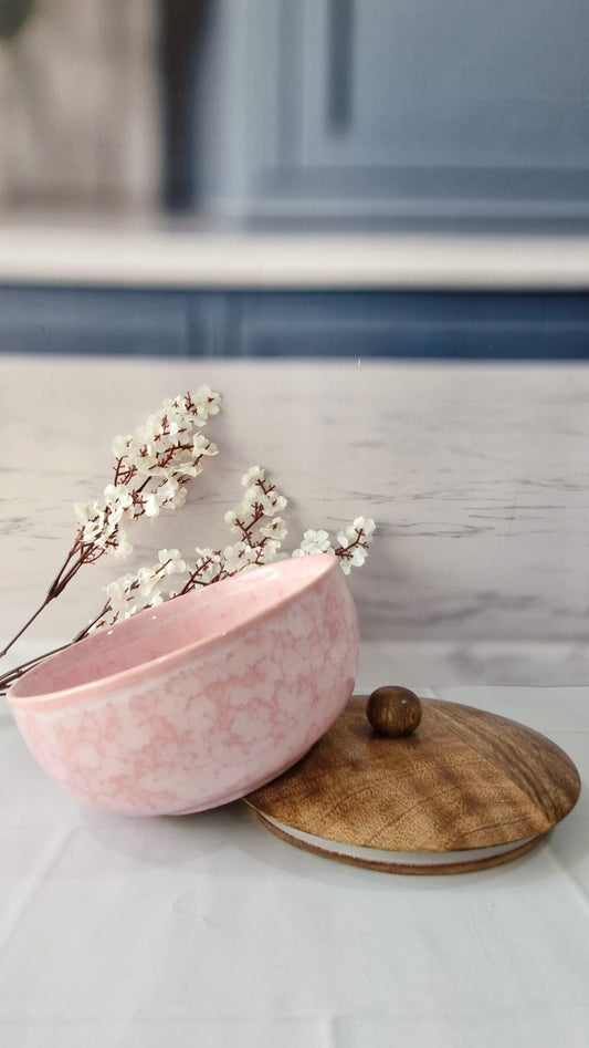Pink Blush Marble-Effect Ceramic airtight Bowl with Wooden lid 800ml