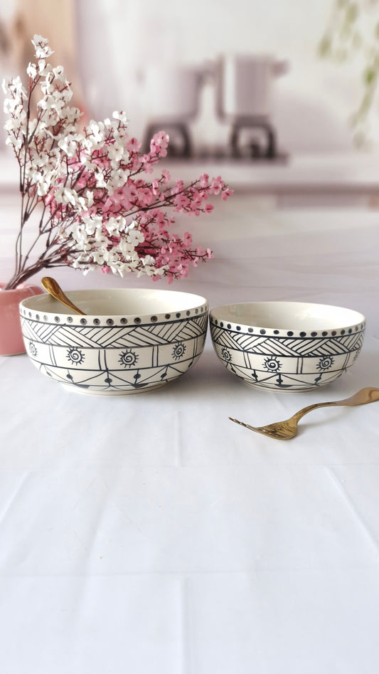 Moonstone Beauty Black Handpainted Ceramic Round Dining Bowls