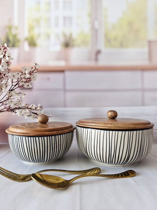 The Dynamic Handpainted Ceramic black line Round Serving Dining Bowls with Lid