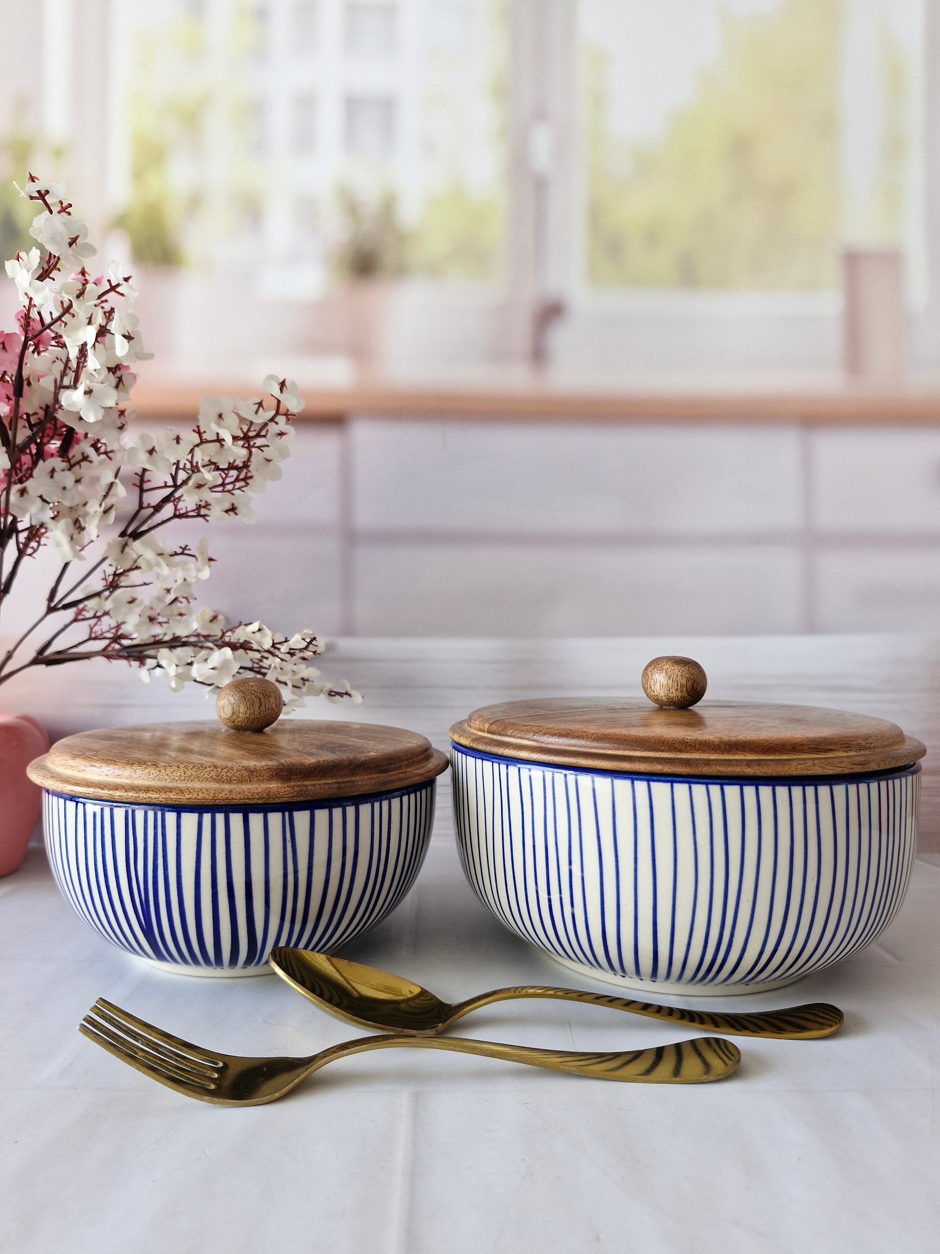 Twirl & Twine Handpainted Ceramic Blue line Round Serving Dining Bowls ...