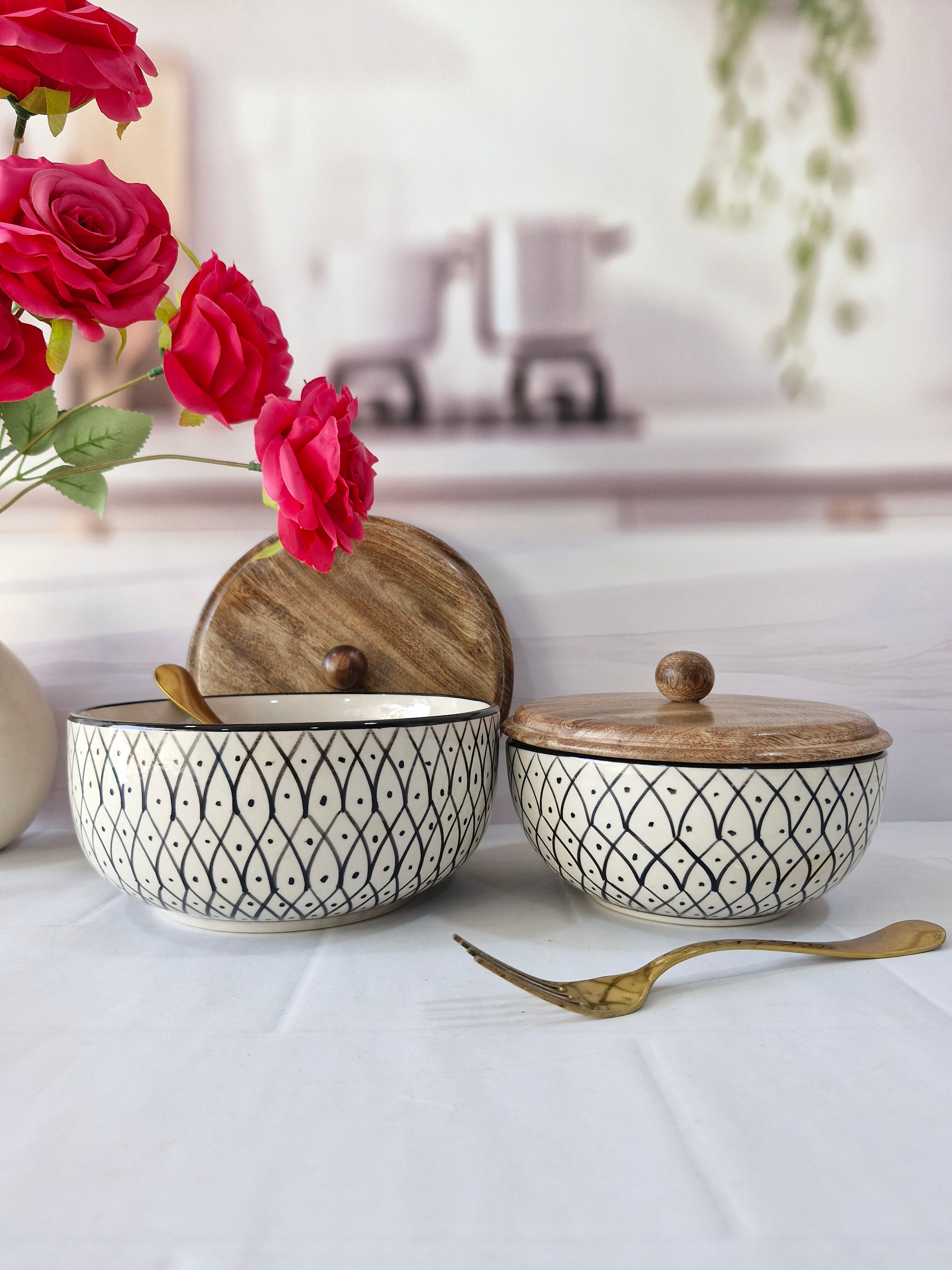 Black Geometric design Handpainted Ceramic Serving Round Dining Bowls ...