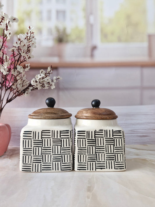 Linework Hand Painted Designs with Love Retreat (1/2 kg) Set of 2 Airtight Square Jars for Spices & Cookies
