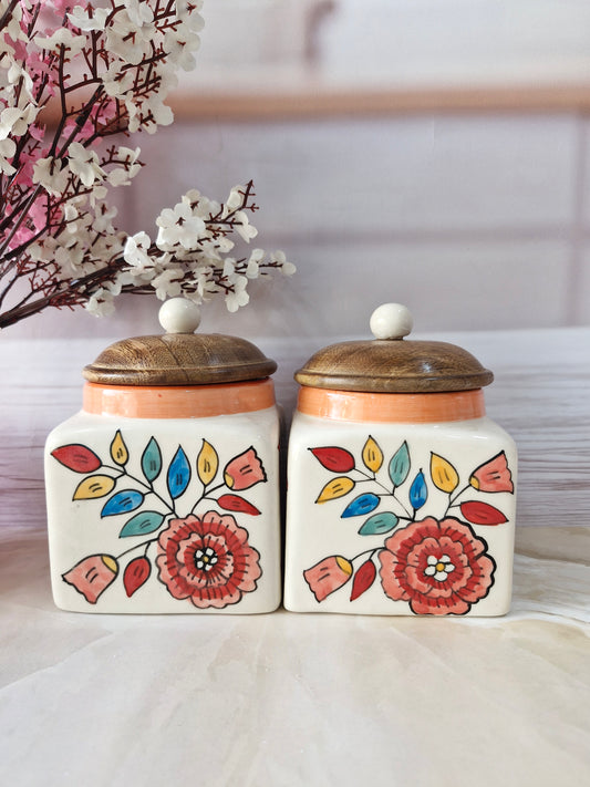 Floral Hand Painted Designs with Love Retreat (1/2 kg) Set of 2 Airtight Square Jars for Spices & Cookies
