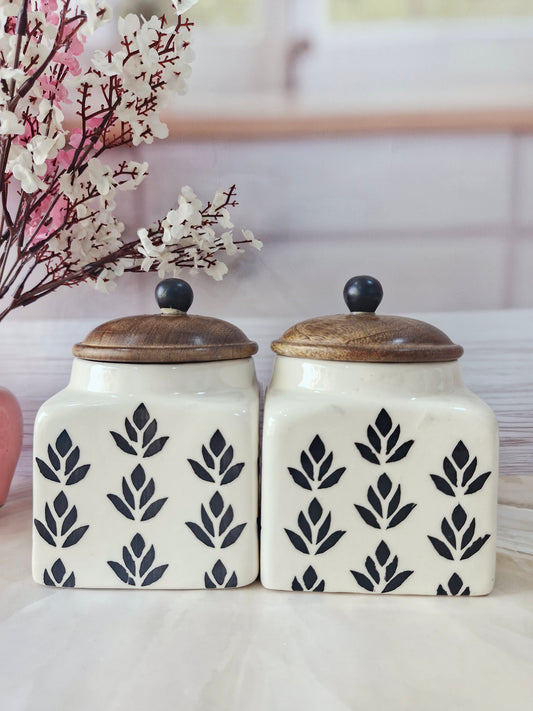 Lotus Hand Painted Designs with Love Retreat (1/2 kg) Set of 2 Airtight Square Jars for Spices & Cookies
