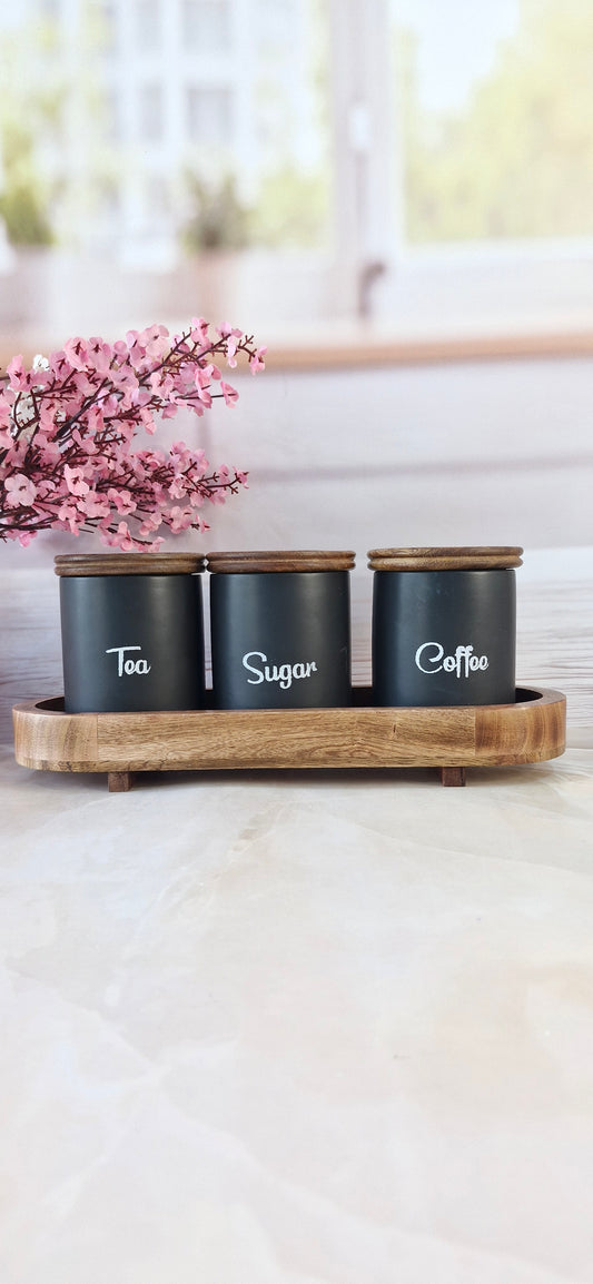 Sweet Morning ceramic Black airtight Tea, Coffee, and sugar , jars wooden lid