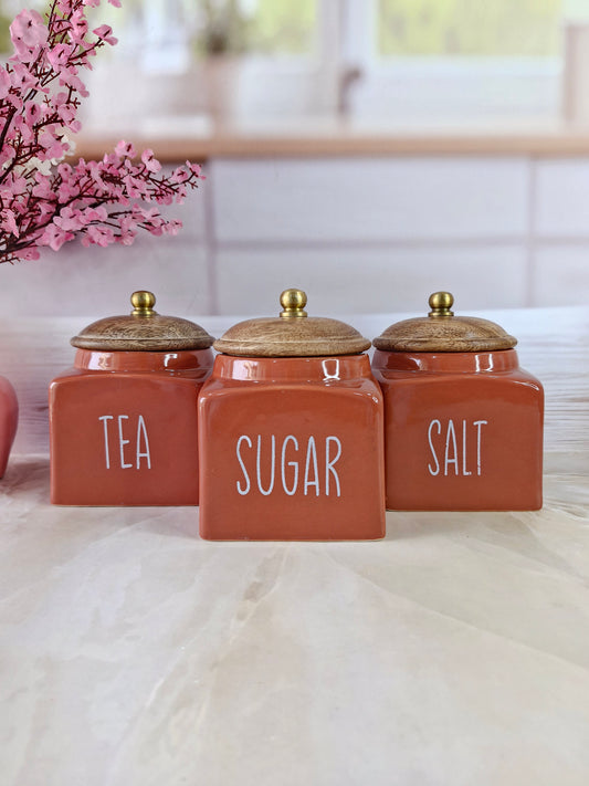 Maroon Square Solid Tea ,Sugar, Salt,Ceramic Canisters 500 ml