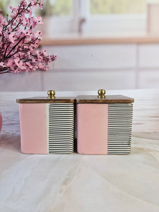 Pink and line Beauties Collection Ceramic Airtight Containers with Wooden Lid