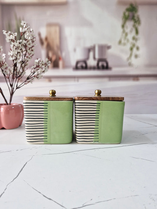 Lined Lovers Sweetheart Home Ceramic Airtight Containers with Wooden Lid