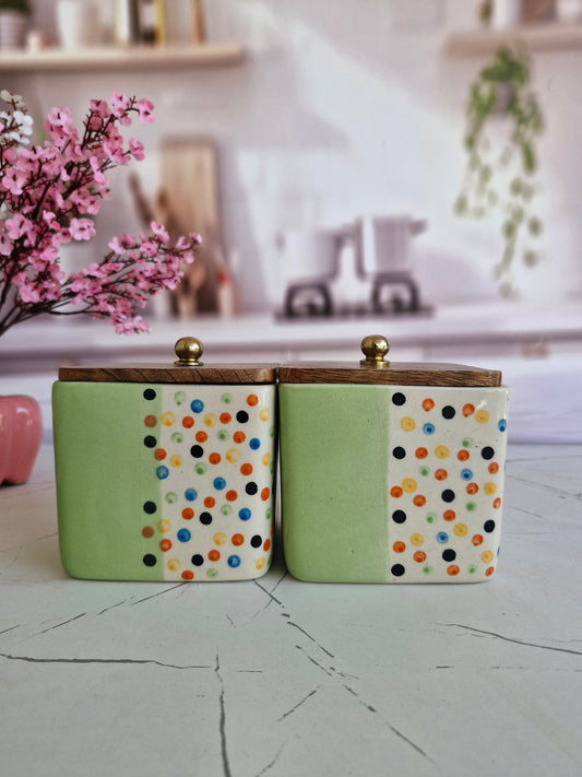 Colour Dot Sweetheart Home Ceramic Airtight Containers with Wooden Lid
