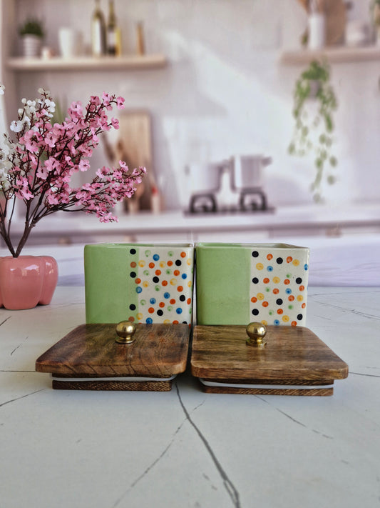 Colour Dot Sweetheart Home Ceramic Airtight Containers with Wooden Lid