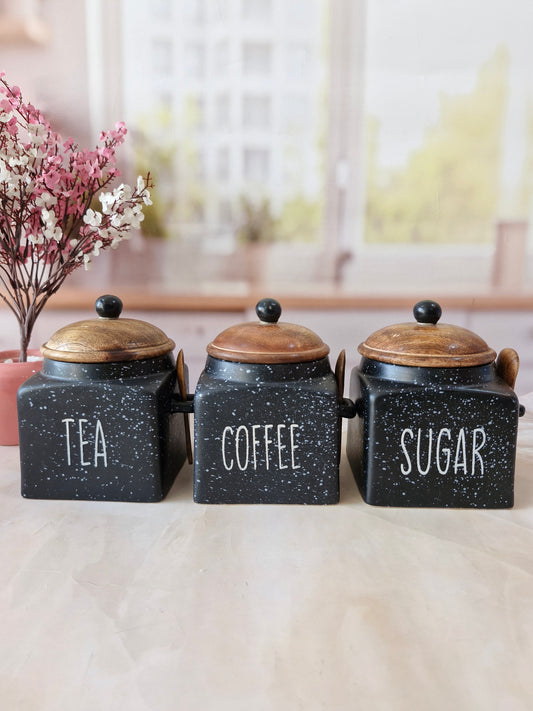 Speckled Black Ceramic Airtight Tea Coffee Sugar Canister with Spoon 500ml