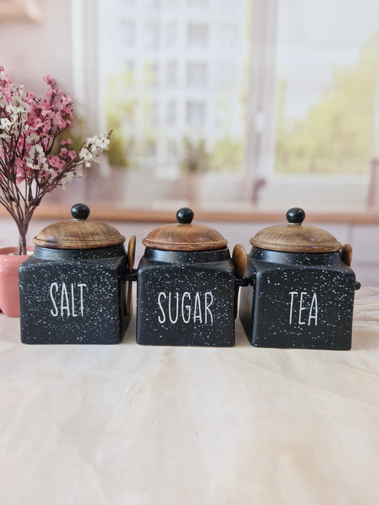 Speckled Black Ceramic Airtight Tea Sugar Salt Canister with Spoon 500ml