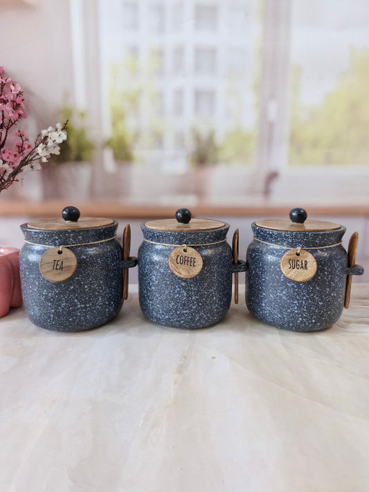 Speckled black Airtight Matka Tea ,Coffee, Sugar, Solid Ceremic Canisters (500ml)