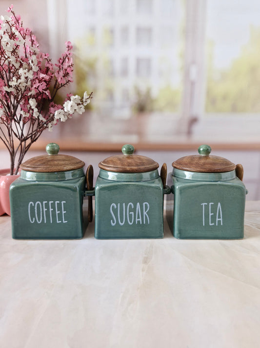 Green Square Ceremic Airtight Tea Coffee Sugar Canisters with spoon 500ml