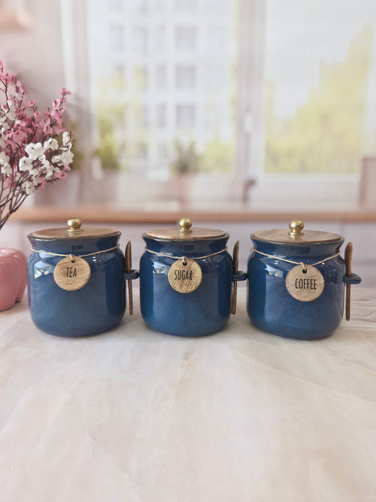 Blue Diamond Ceramic Airtight Matka Tea, Coffee, Sugar Canister with Wooden Lid & spoon 1/2 kg