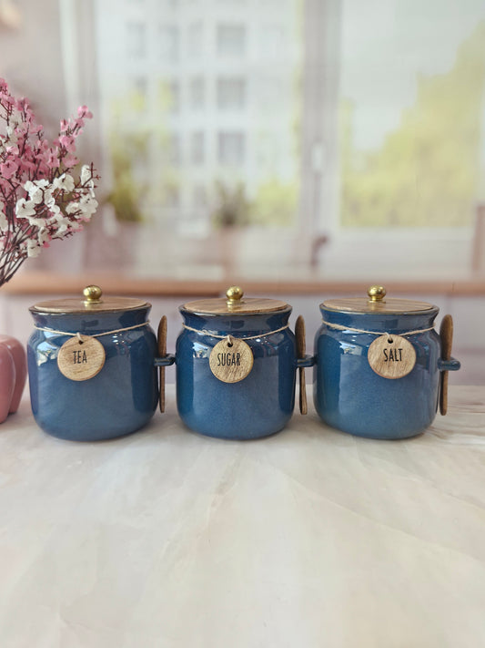 Blue Diamond Ceramic Airtight Matka Tea Sugar Salt Canister with Wooden Lid & spoon 1/2 kg
