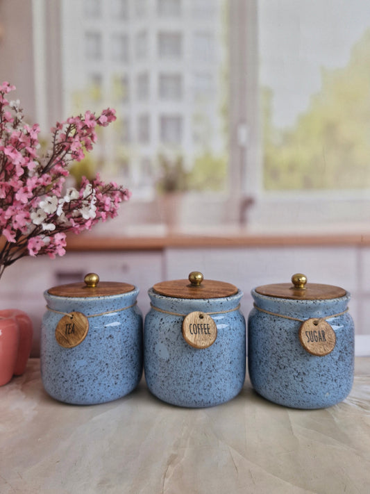 Rustic Sky Blue Ceramic Airtight Matka Tea Coffee Sugar with Wooden Lid 1/2 kg