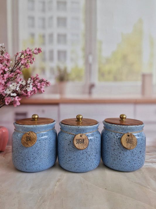 Rustic Sky Blue Ceramic Airtight Matka Tea Sugar Salt with Wooden Lid 1/2 kg
