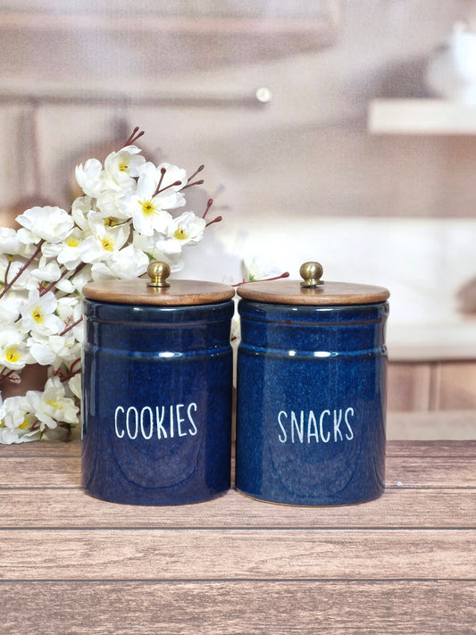 Rustic Blue Cookie and Snack Ceramic Canister Jars with Wooden Lids (Set of 2)