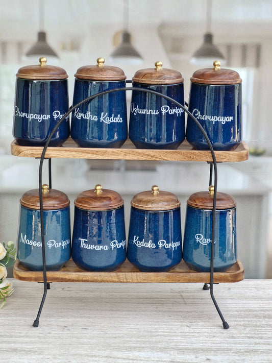 Royal Artisanal Blue Ceramic Kitchen Organizer Jars - Malayalam