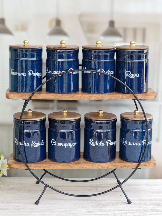 Royal Artisanal Blue Ceramic Kitchen Organizer Ring Pipe Jars - Malayalam