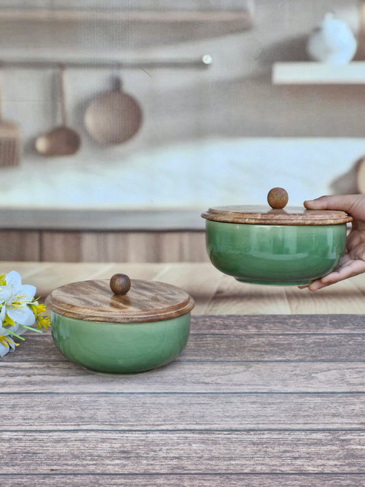 The Hearthside Olive Garnish Ceramic Serving Bowls with wooden lid