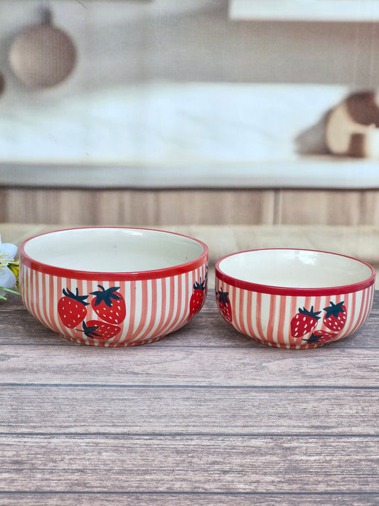 Strawberry Stripe Hand-Painted Ceramic Bowl