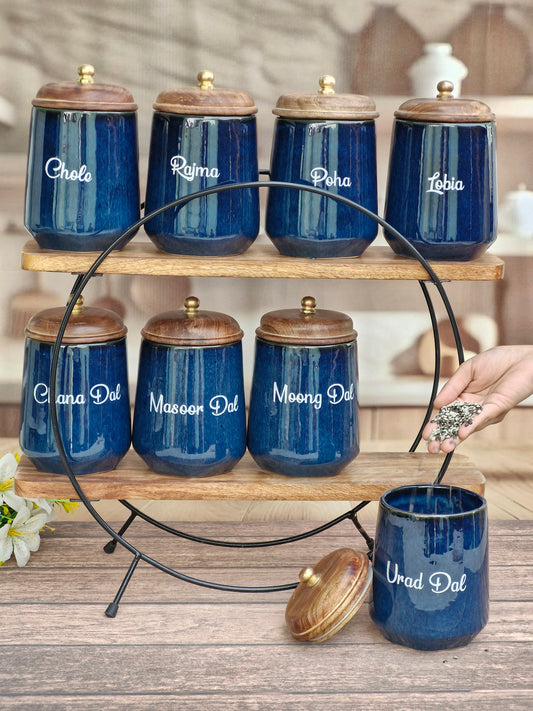 Royal Artisanal Blue Airtight Ceramic Kitchen Organizer Ceramic (1kg) Jars - Hindi