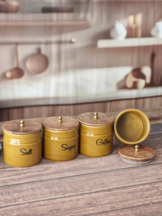The Marigold Mustard Yellow Ring Pipe Ceramic Coffee, Tea, Sugar & Salt Canister Set