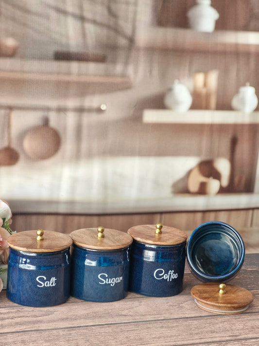 The Glossy Midnight Blue Ring Pipe Storage Tea, Coffee, Sugar, Salt Ceramic Jar Set