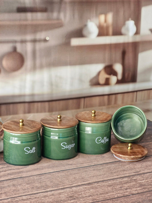 The Forest Green Ceramic Coffee, Tea, Sugar & Salt Canister Set