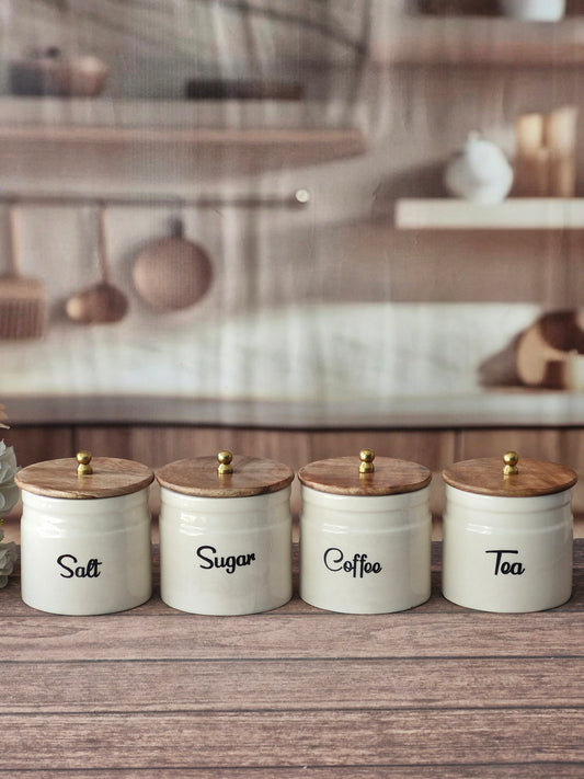 Ivory Rustic Charm Ring Pipe Storage Tea, Coffee, Sugar, Salt Ceramic Canister Set