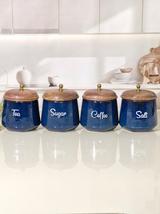 The Rustic Blue Ceramic Tea, Coffee, Sugar, and Salt Storage Canisters with Wooden Lids