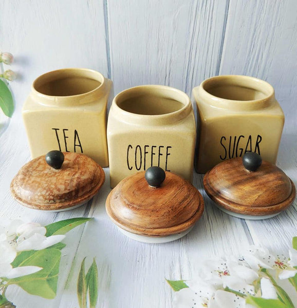 Beige Square Solid Ceremic Tea Coffee Sugar Canisters 500ml Grey Pottery