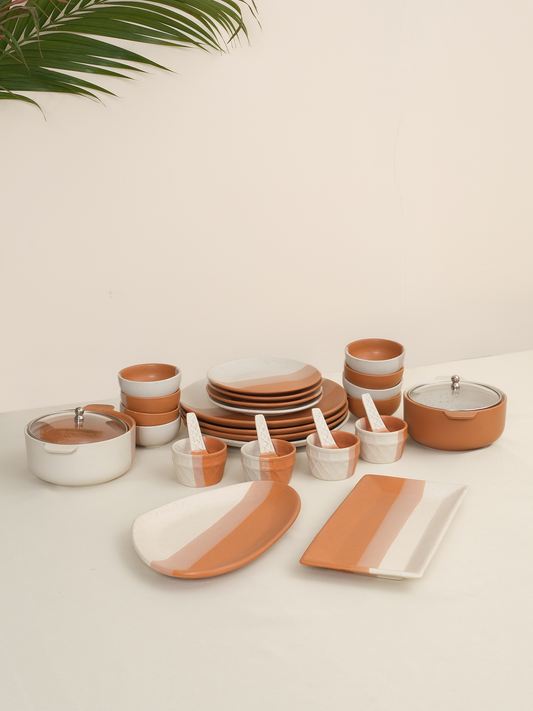 Desert Glow Dining Collection Hosting Dinner Set -Serving Platters, Serving Bowls with Glass Lids & Dessert Bowls for 4 People