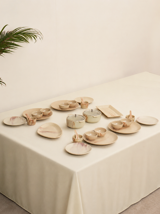 Brew Blossom Sweetness Hosting Dinner Set -Serving Platters, Serving Bowls with Glass Lids & Dessert Bowls for 4 People