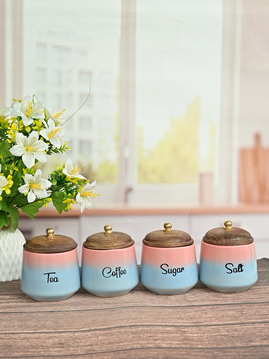 Blush & Blue Coastal Sunset Tea, Coffee, Sugar, Salt Ceramic Canister Set