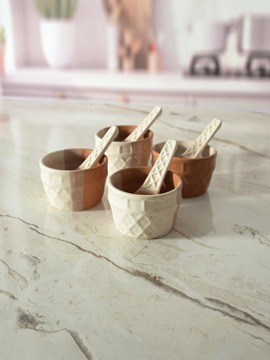 Sweetie Scoop Two-Tone line ceramic Ice Cream Serving Cups with spoon 180ml