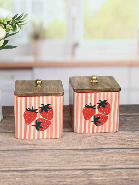Strawberry Stripe Ceramic Canister Set with Wooden Lid