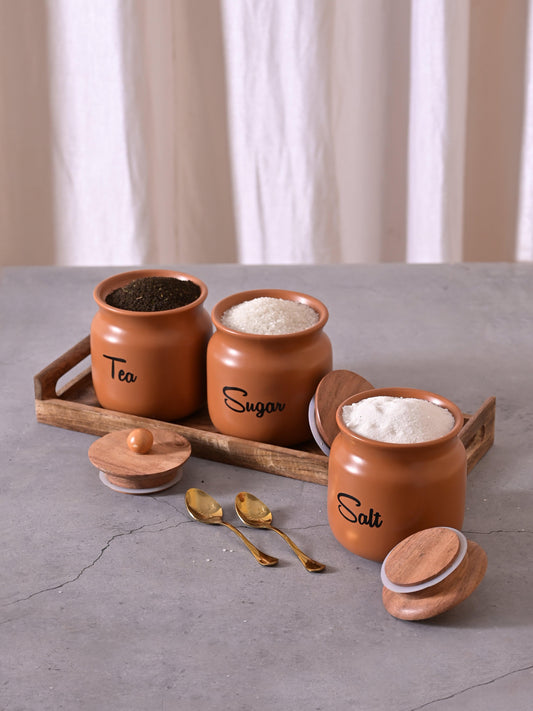 Brown Matka airtight Solid Ceremic Tea Sugar Salt containers 500ml