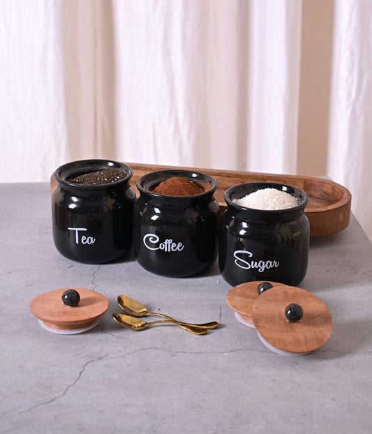 Black Diamond Matka Tea,Coffee, Sugar Solid Ceremic Canisters 500ml