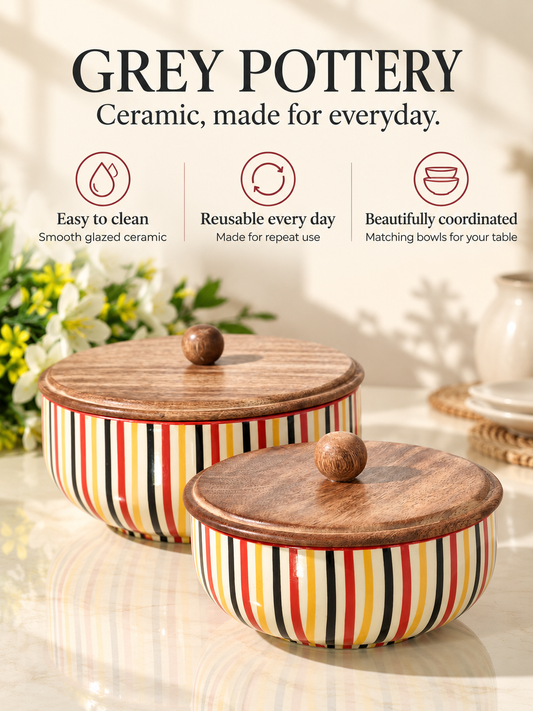 Rainbow Stripe Delight Kitchen Bowl With Wooden Lid (Set of 2)