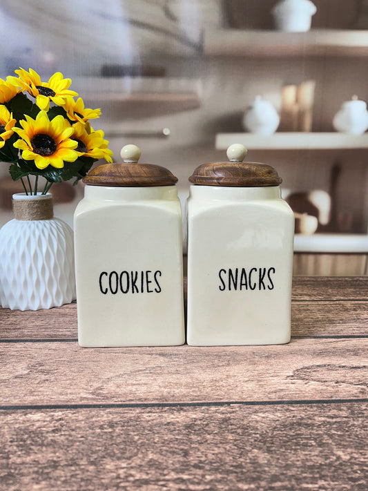 Modern Kitchen Ceramic Canister (Snacks & Cookies) 1kg Set with Wooden Lids
