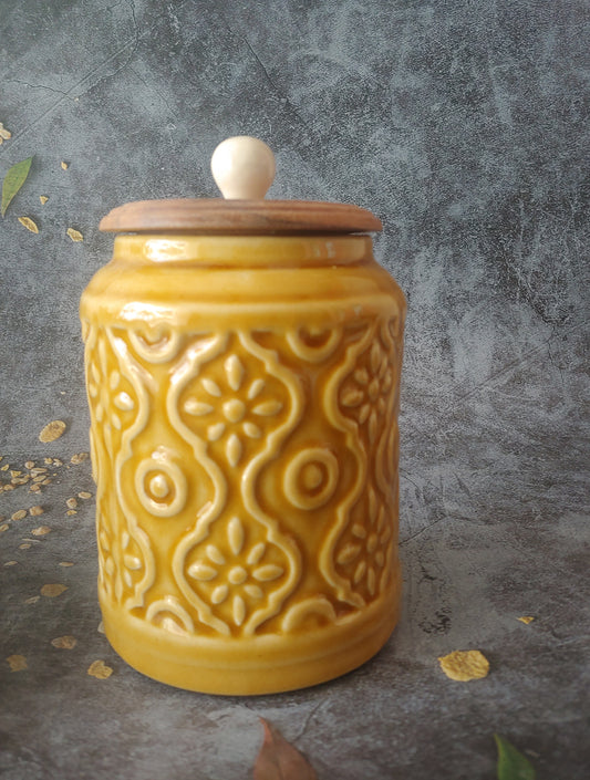 Yellow Embossed Airtight Ceramic Jar with Wodden Lid