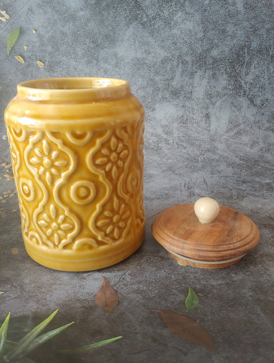 Yellow Embossed Airtight Ceramic Jar with Wodden Lid